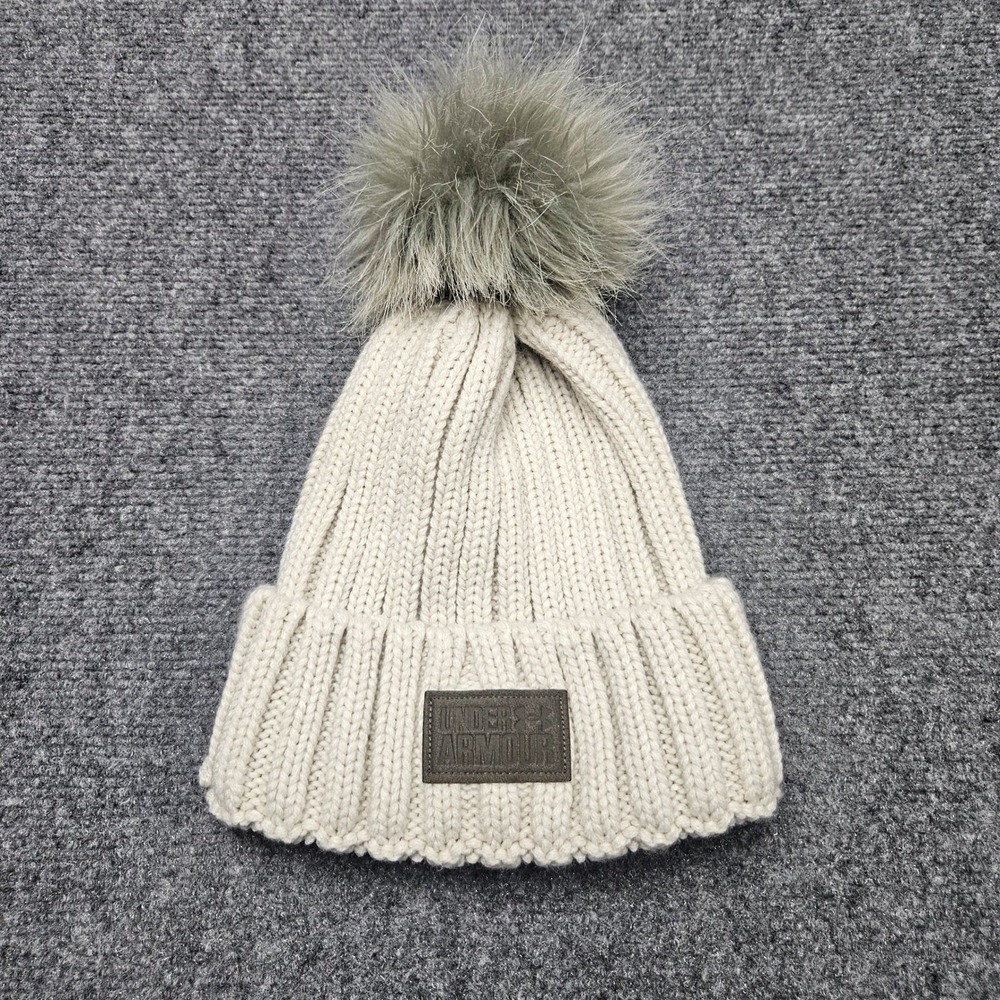 Under Armour Beanie Hat Womens OSFA Cream Faux Fur Pom Pom Knit Winter Ribbed